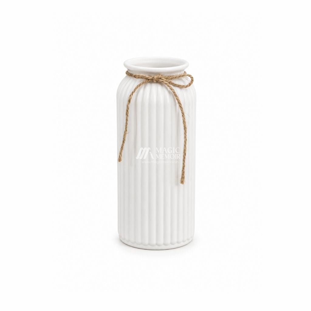 Minimal Ribbed Ceramic Vase – White - Magic Memoir