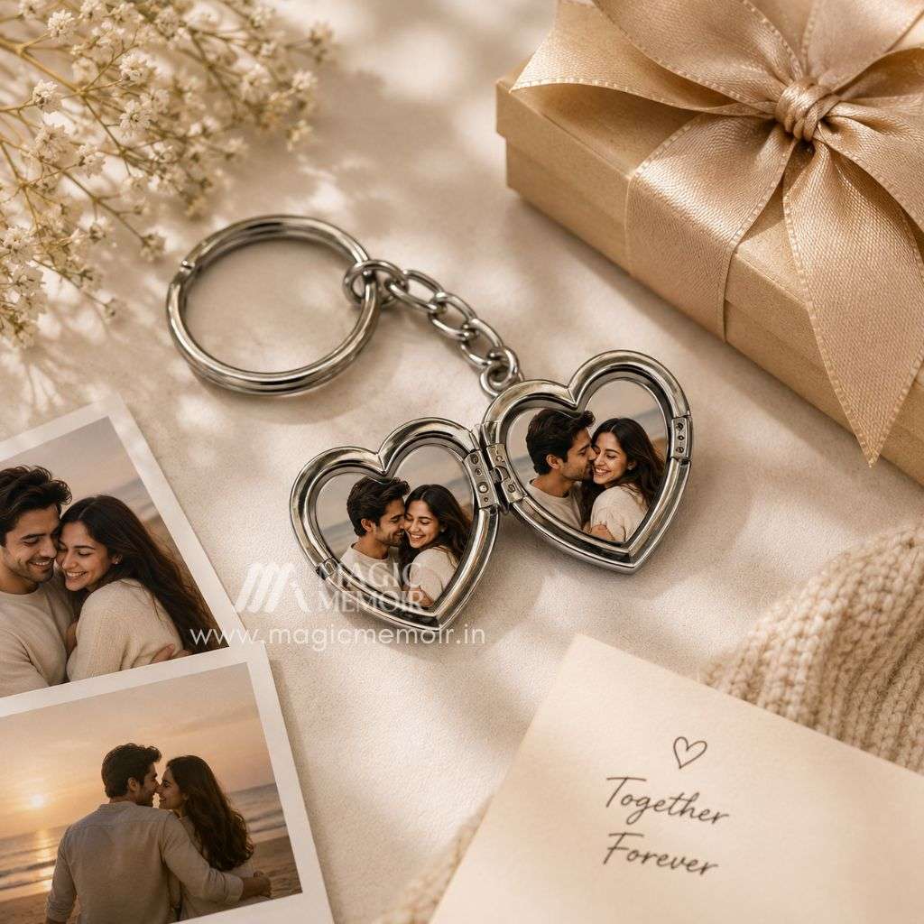 Heart Shape Double Photo Frame Metallic Keychain