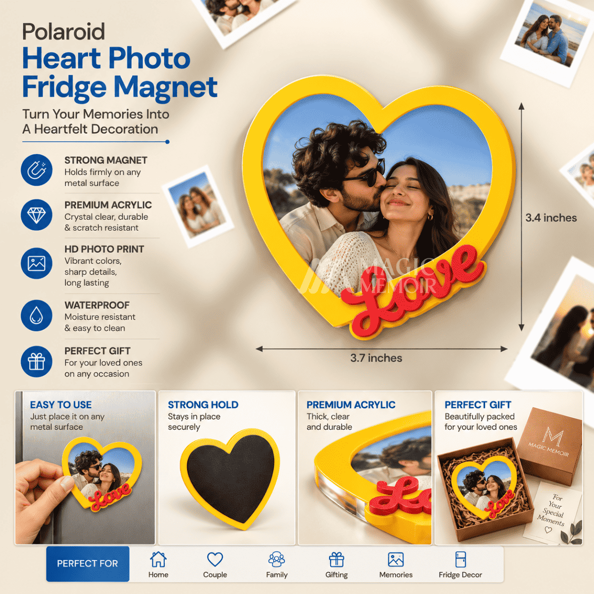 Acrylic Heart Photo Fridge Magnets (3.4x3.7") - Yellow