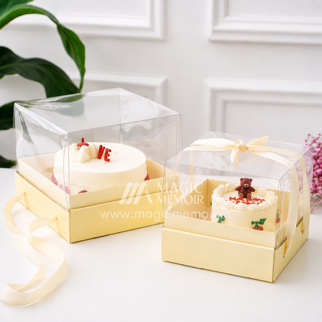 Transparent Cake Box With Ribbon 8x8" - Pastel Yellow