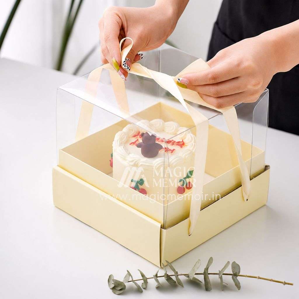 Transparent Cake Box With Ribbon 8x8" - Pastel Yellow