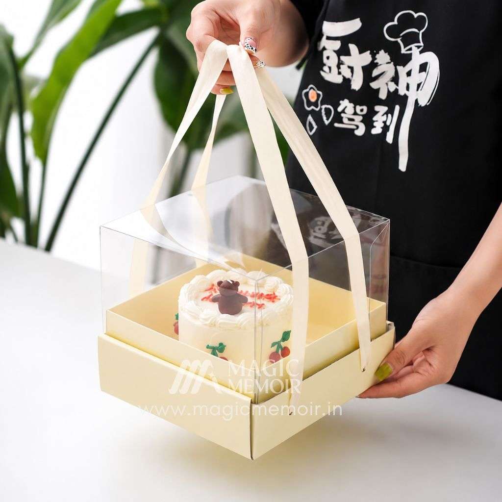 Transparent Cake Box With Ribbon 8x8" - Pastel Yellow