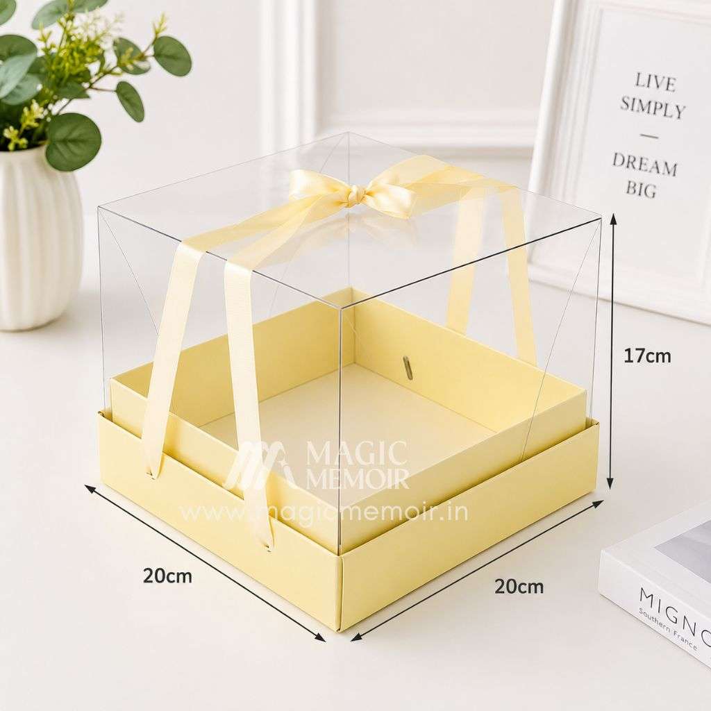 Transparent Cake Box With Ribbon 8x8" - Pastel Yellow
