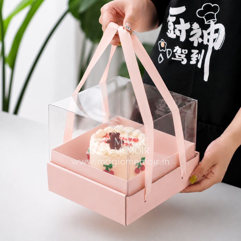 Transparent Cake Box With Ribbon 8x8" - Pastel Pink