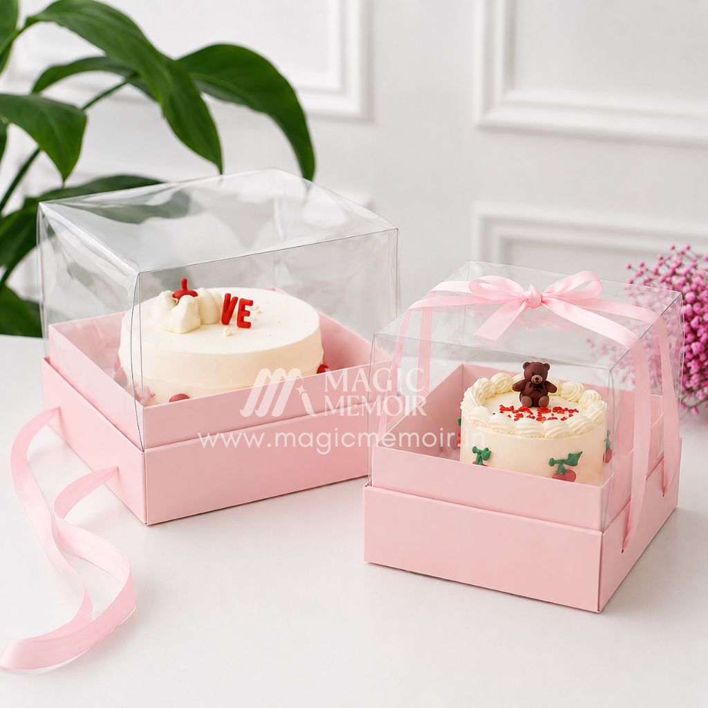 Transparent Cake Box With Ribbon 8x8" - Pastel Pink