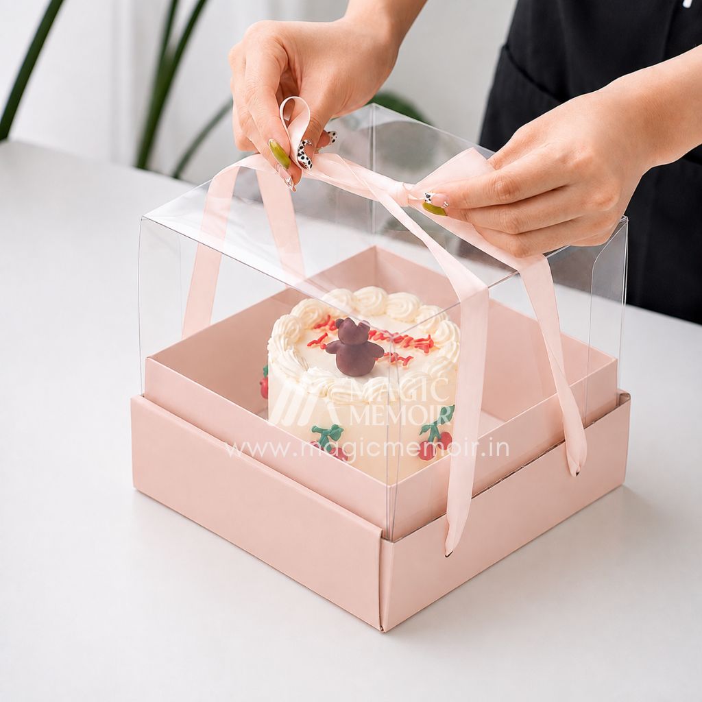 Transparent Cake Box With Ribbon 8x8" - Pastel Pink