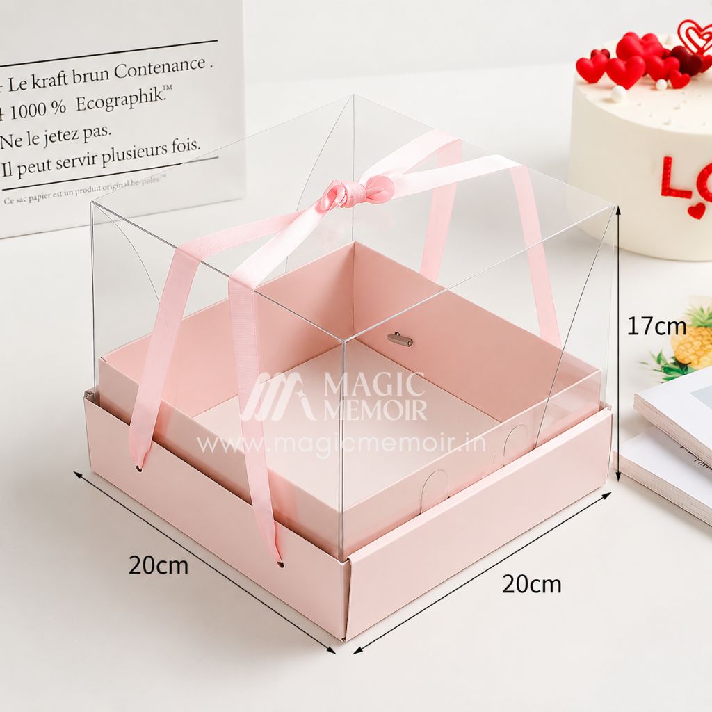 Transparent Cake Box With Ribbon 8x8" - Pastel Pink