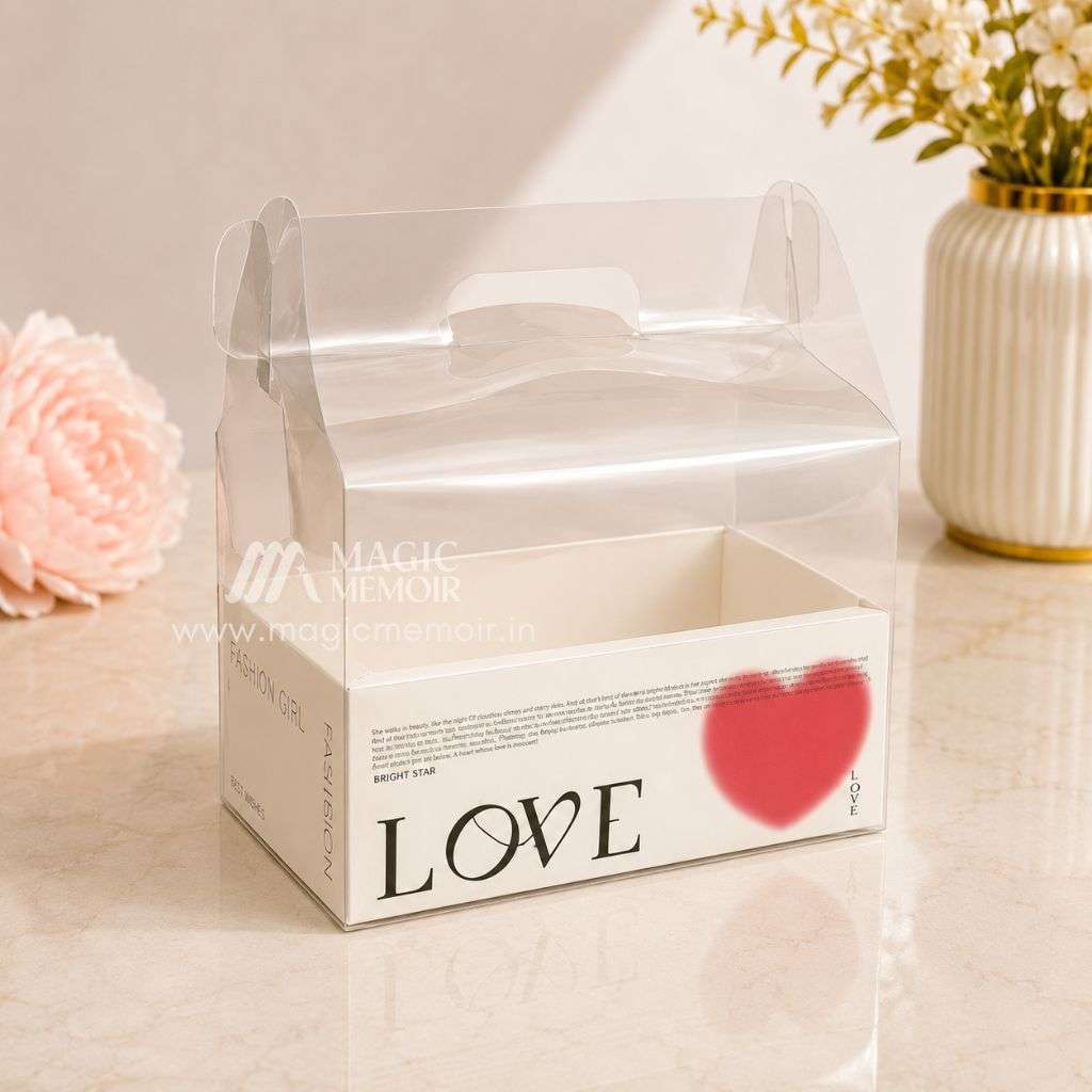 Transparent PVC Flower & Cake Hand Box  10x7" - White