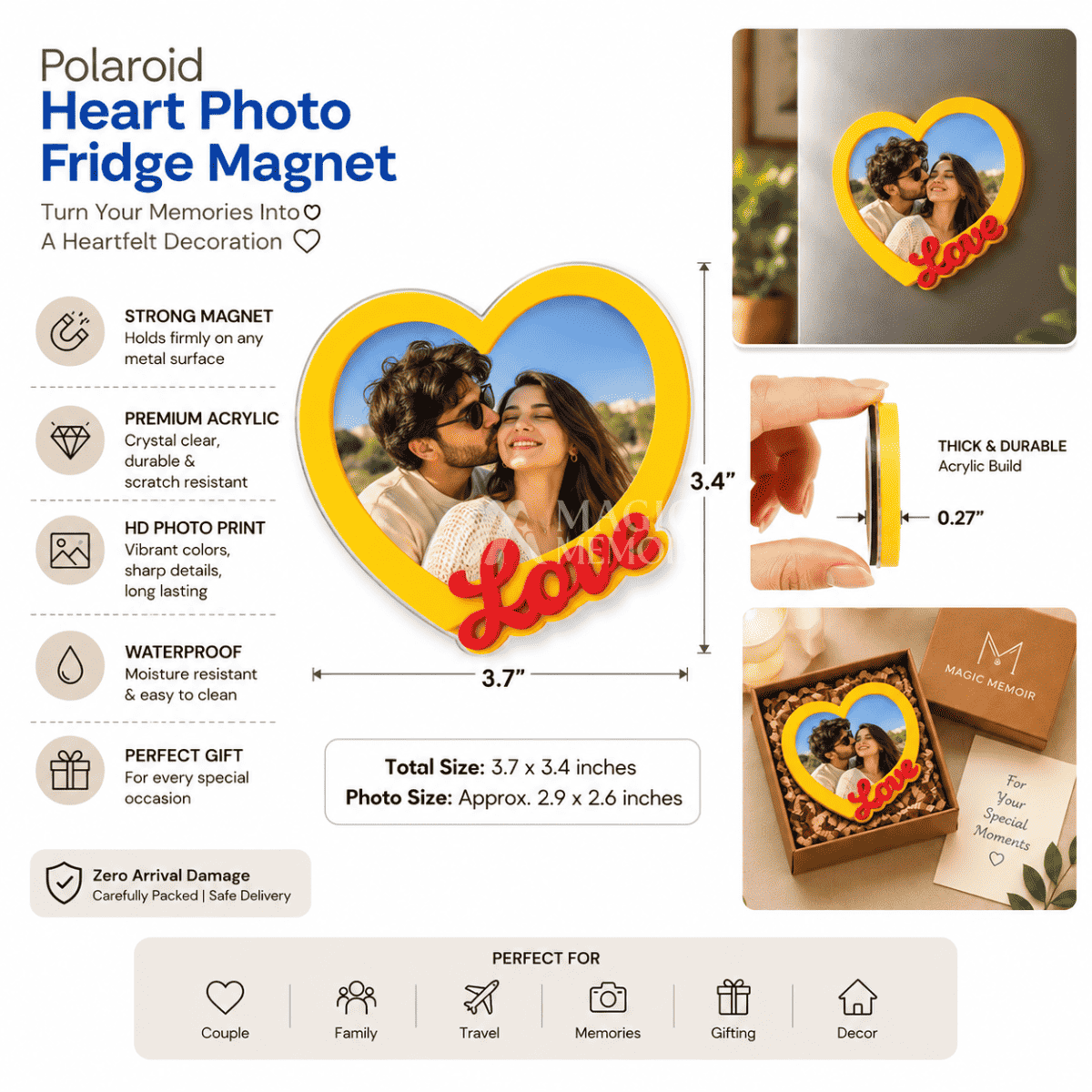 Acrylic Heart Photo Fridge Magnets (3.4x3.7") - Yellow