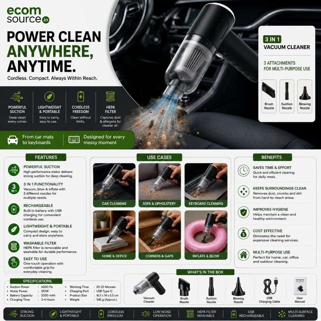 Mini Car Vacuum Cleaner – Wireless Portable 3-in-1 Handheld Vacuum for Car, Home & Office