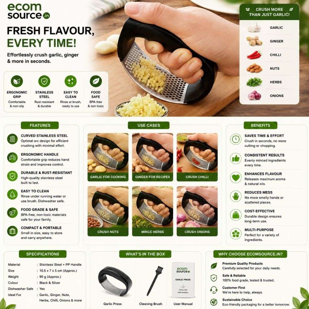 Stainless Steel Garlic Press – Ergonomic Handheld Garlic Crusher & Mincer | Easy to Clean