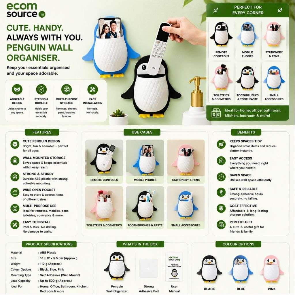 Penguin Shape Wall-Mounted Storage Organizer – Cute Plastic Bathroom & Home Storage Holder