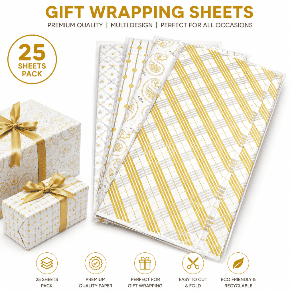 Wrapping Paper Assorted Designs – White Patterns (25 Pieces)