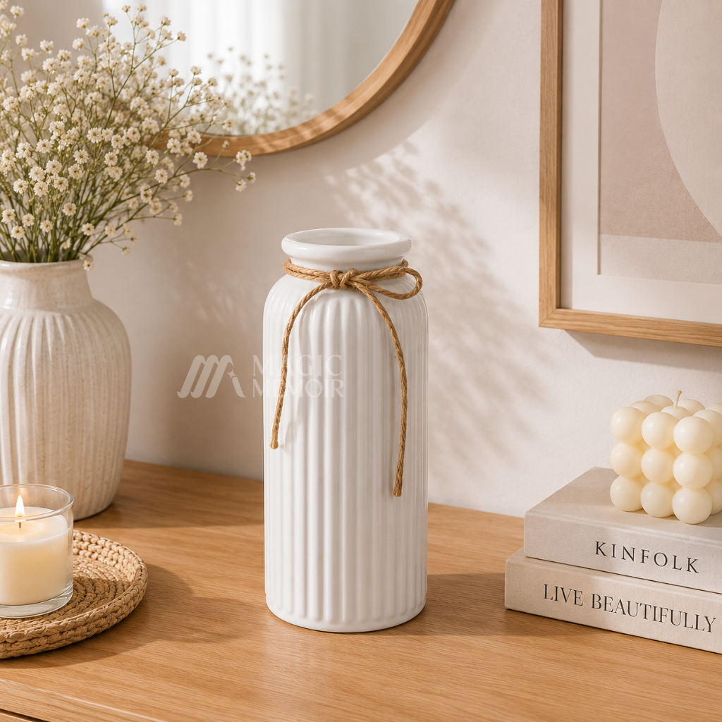 Minimal Ribbed Ceramic Vase – White