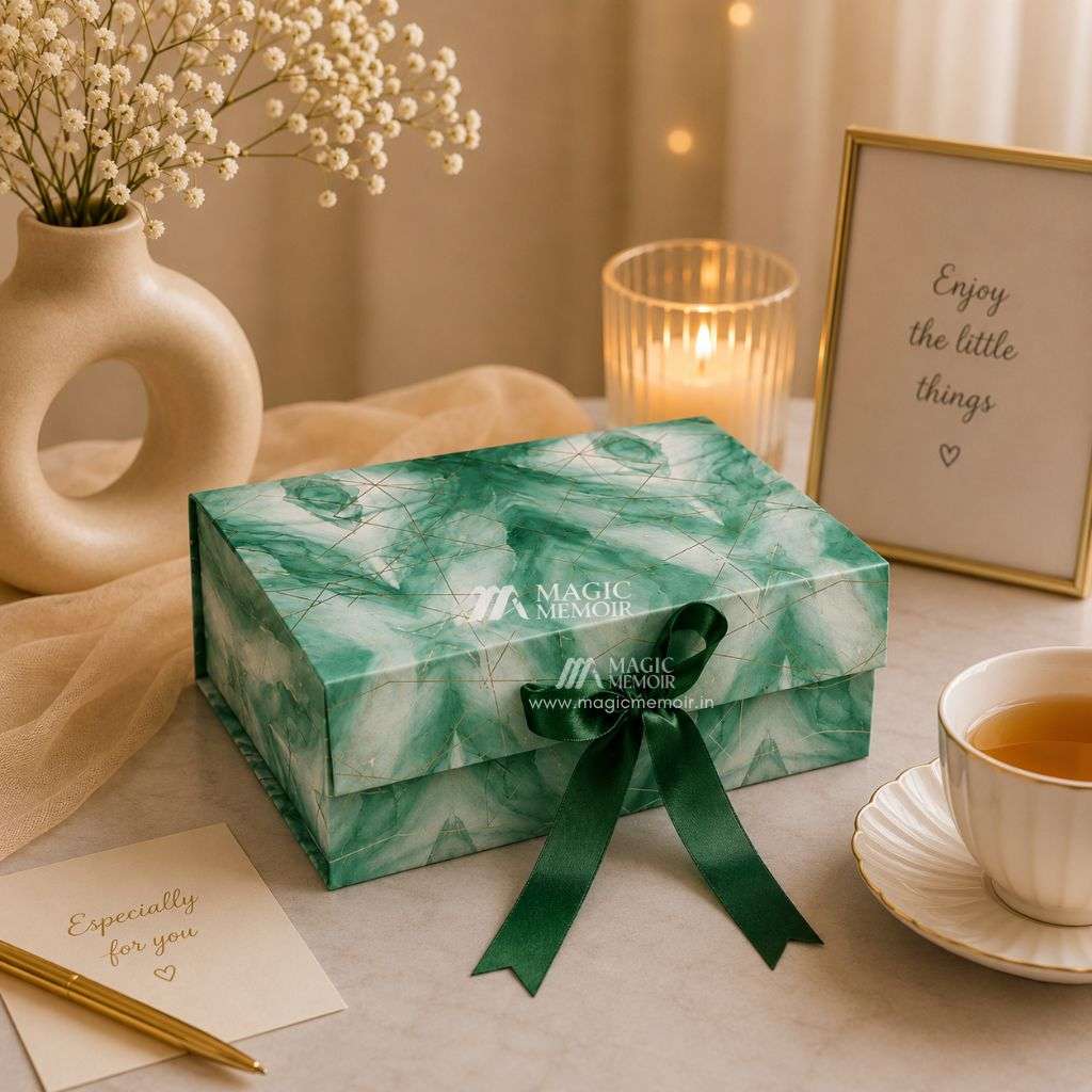 Ribbon Box Print 10x8x4" - Green Marble