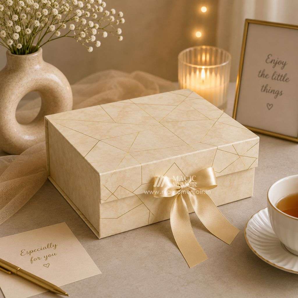 Ribbon Box Print 10x8x4" - Cream Marble