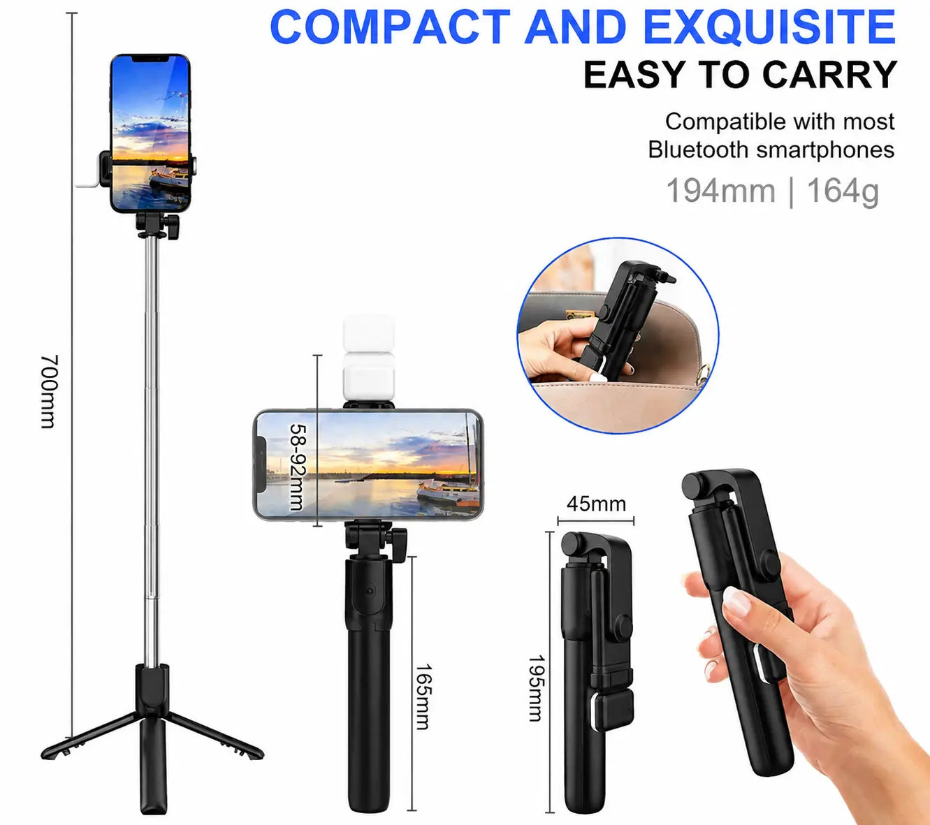R15 Foldable Bluetooth Selfie Stick Tripod with LED Fill Light